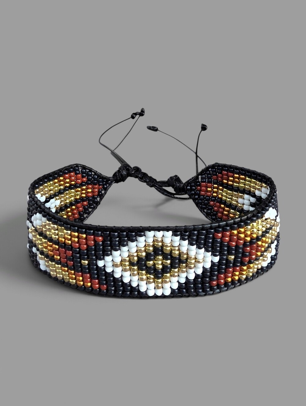 Handmade Loom Woven Seed Bead Cuff Bracelet Southwestern Geo - Red Black Gold